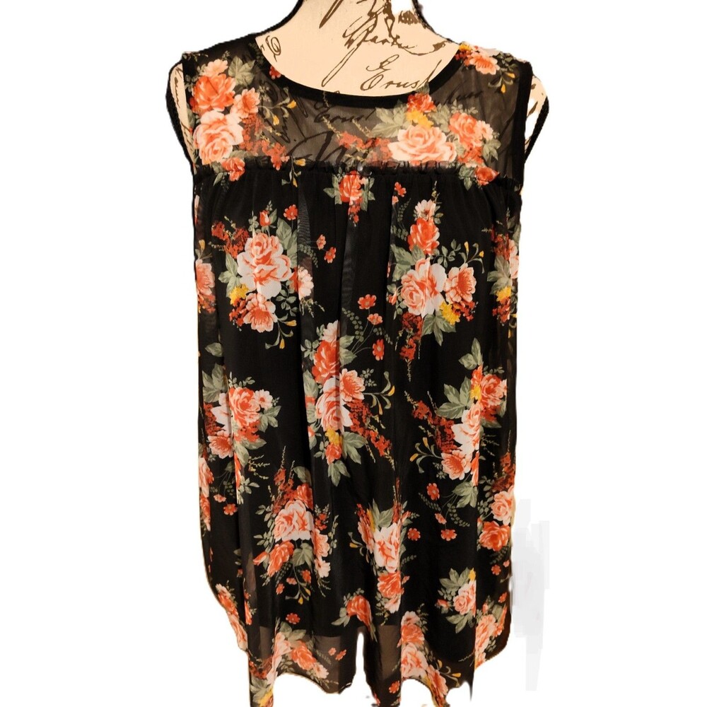 Bobbie Brooks Sheer Yoke Top Floral Black Mesh Overlay Garden Sleeveless Small